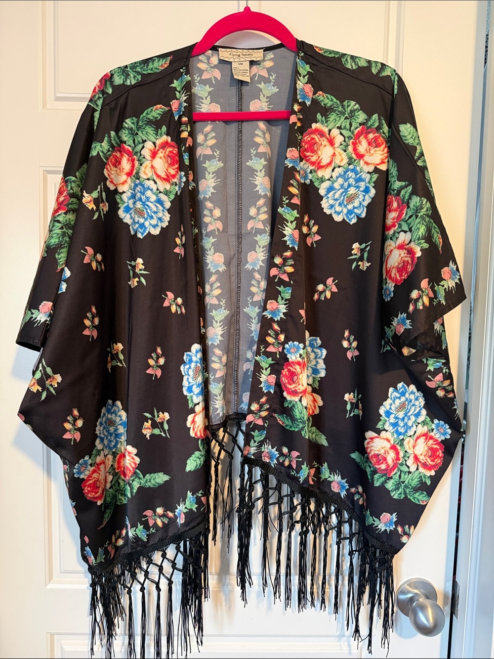 Flying Tomato Black Floral Fringe Kimono Jacket
